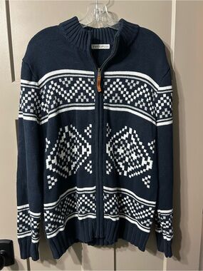 Frye and Co. Men's Navy Zip-Up Fair Isle Sweater cotton blend leather pull